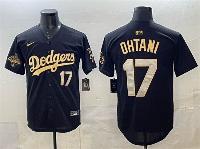 Men's Black Gold Los Angeles Dodgers #17 Shohei Ohtani 2025 World Series Champions Patch Limited Stitched Baseball Jersey
